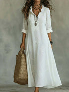 Abito maxi in lino bianco con scollo a V e maniche lunghe - Bella di Roma