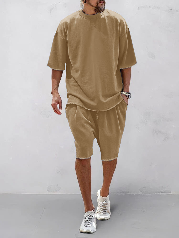 Set sportivo uomo khaki in cotone – t-shirt e shorts | Bella di Roma