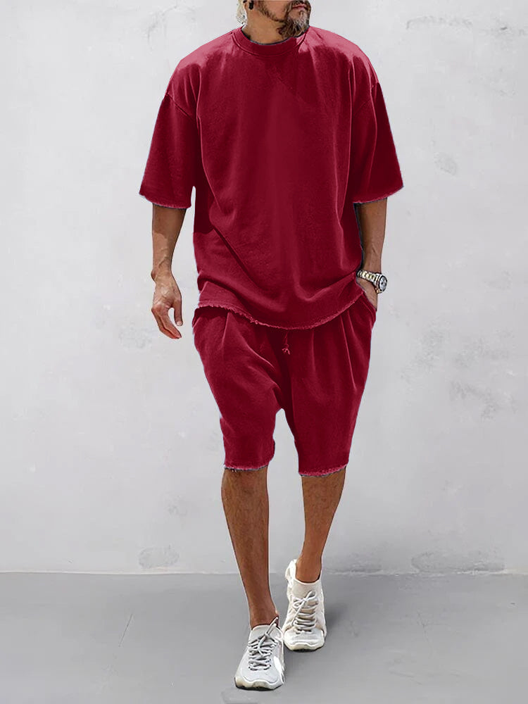 Set sportivo uomo rosso in cotone – t-shirt e shorts | Bella di Roma