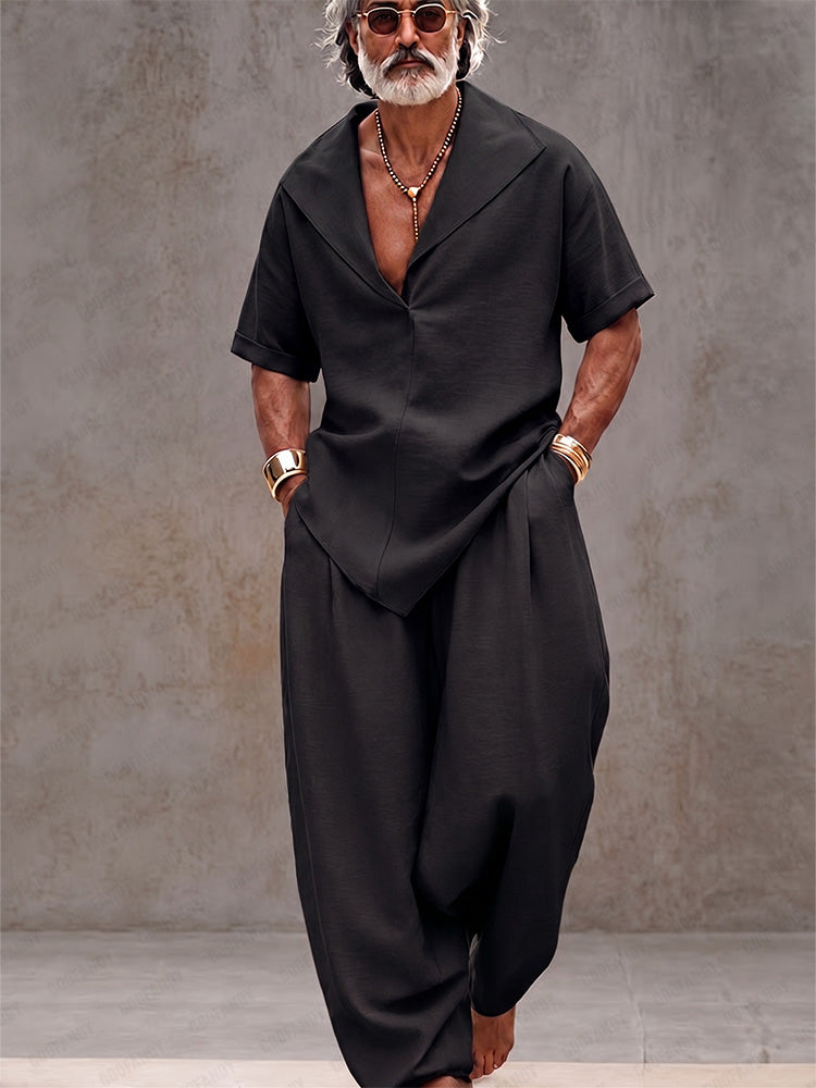 Set coordinato uomo nero in cotone – camicia e pantaloni larghi | Bella di Roma