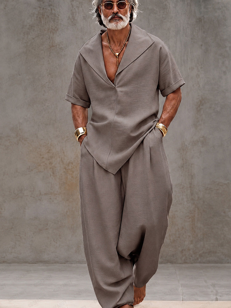 Set coordinato uomo taupe in cotone – camicia e pantaloni larghi | Bella di Roma