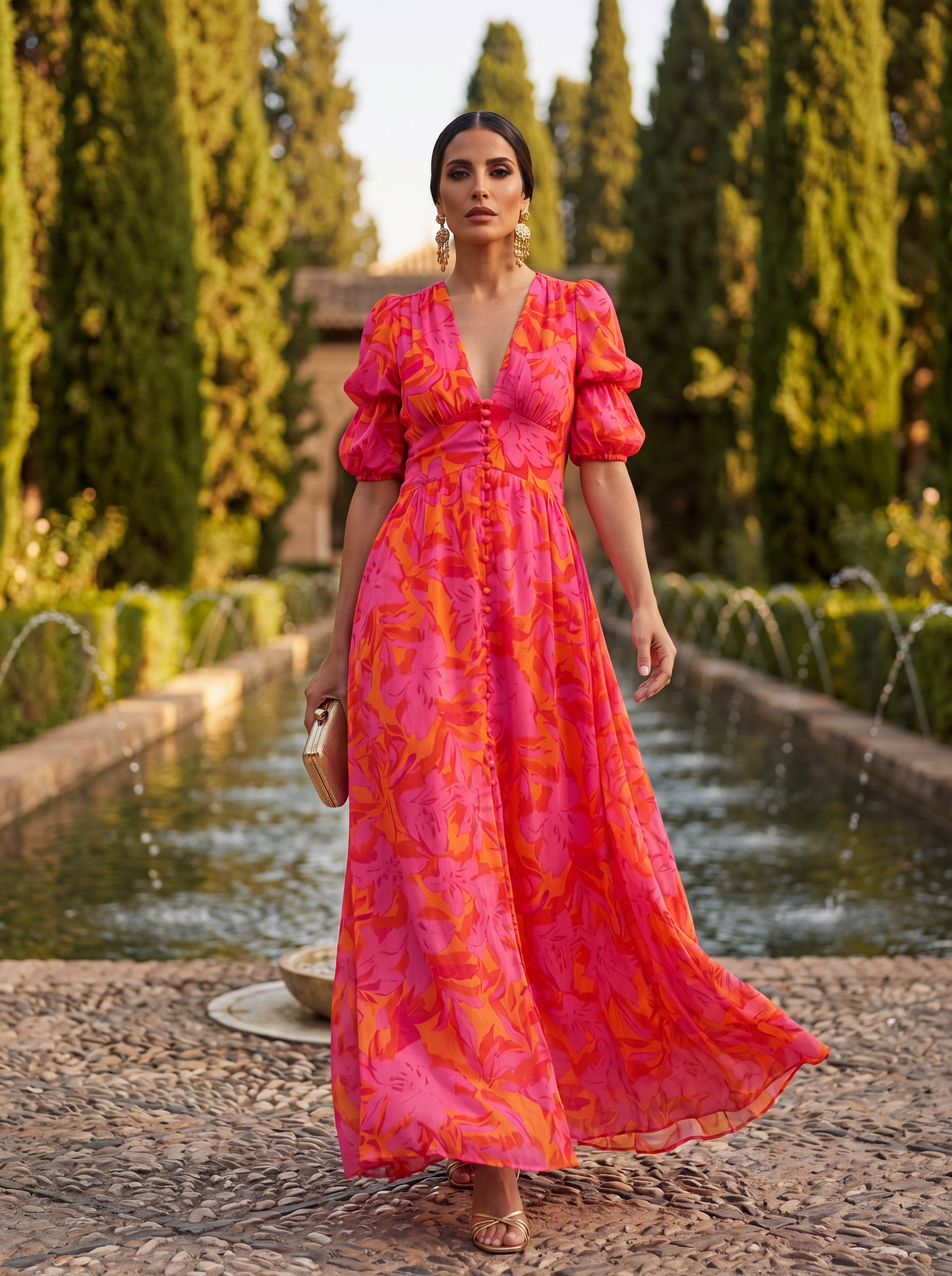 Abito maxi floreale corallo con scollo a V e maniche a palloncino - Bella di Roma
