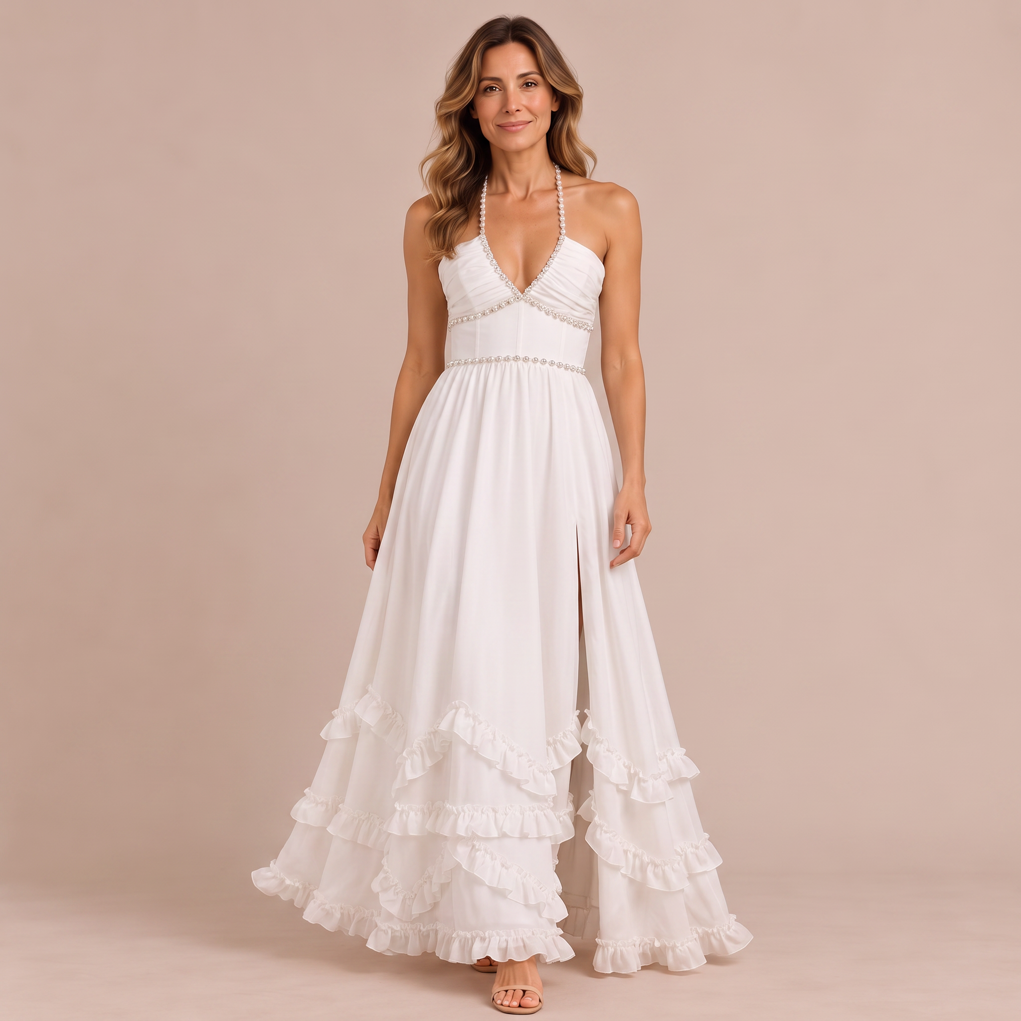 Elena – Vestito Maxi Floreale con Spallina e Perle – Bianco | Bella di Roma