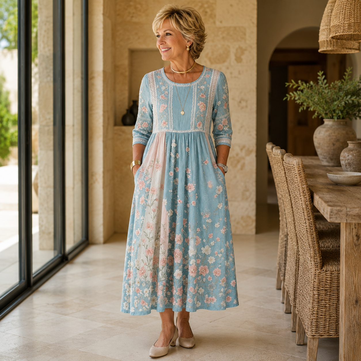 Abito midi con patchwork di fiori primaverili