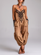 Salopette Boho Ricamata Beige – vista frontale | Bella di Roma