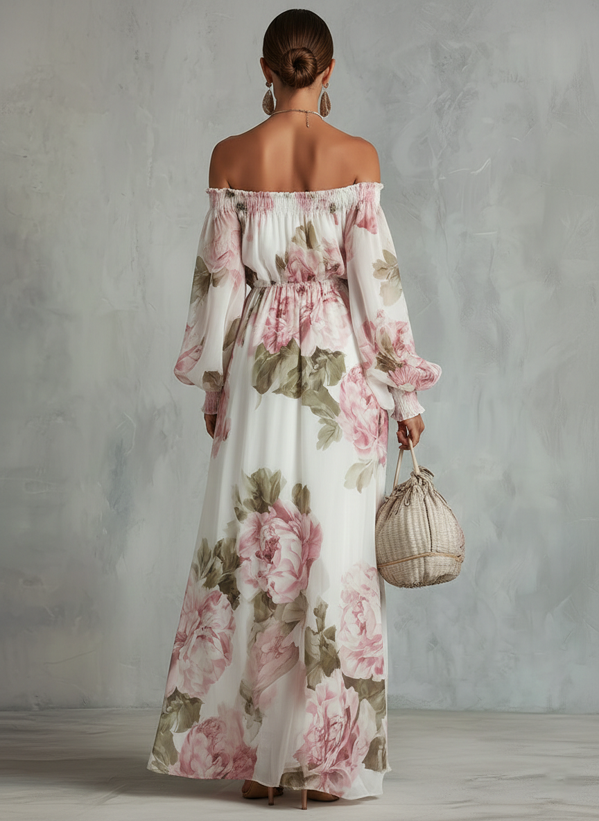 Abito lungo bianco a fiori rosa in chiffon, vista intera