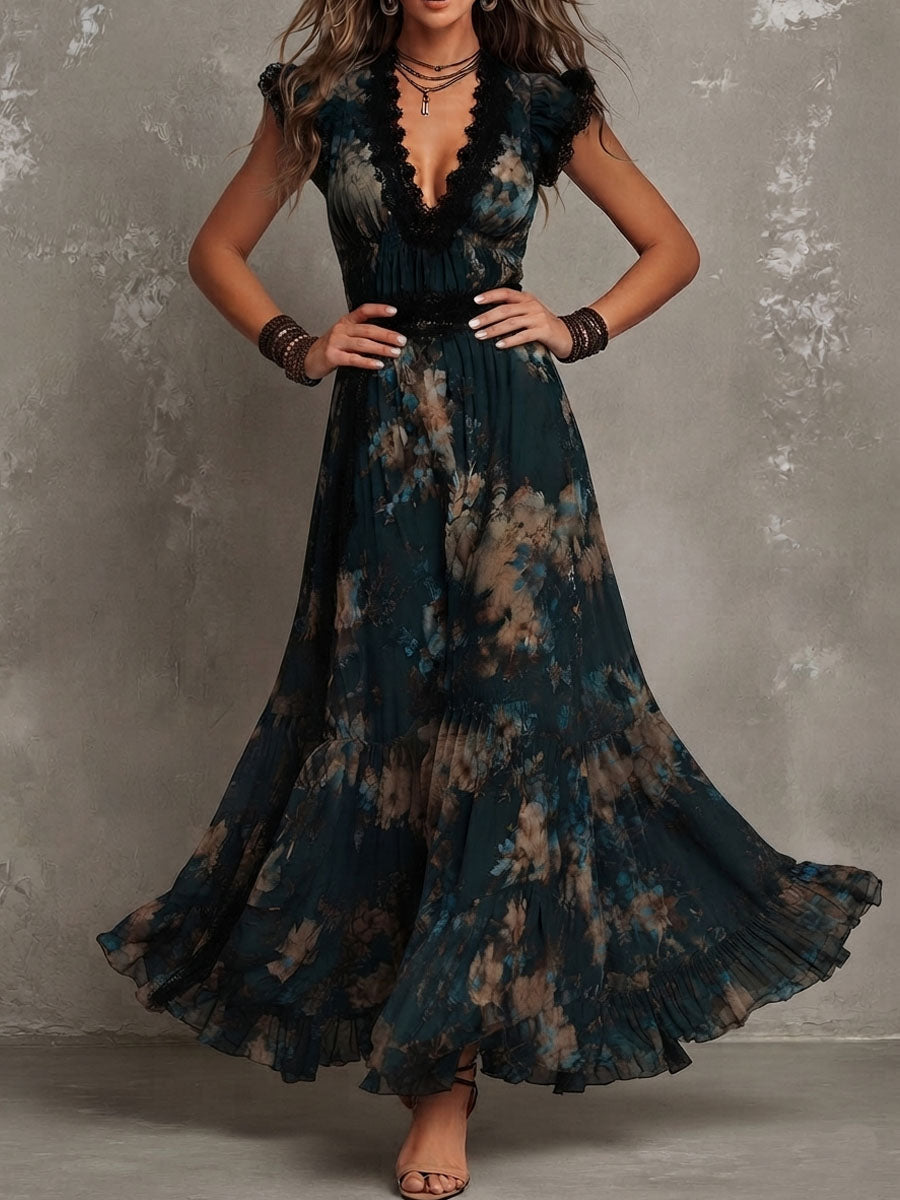 Abito lungo verde scuro con gonna a balze in chiffon