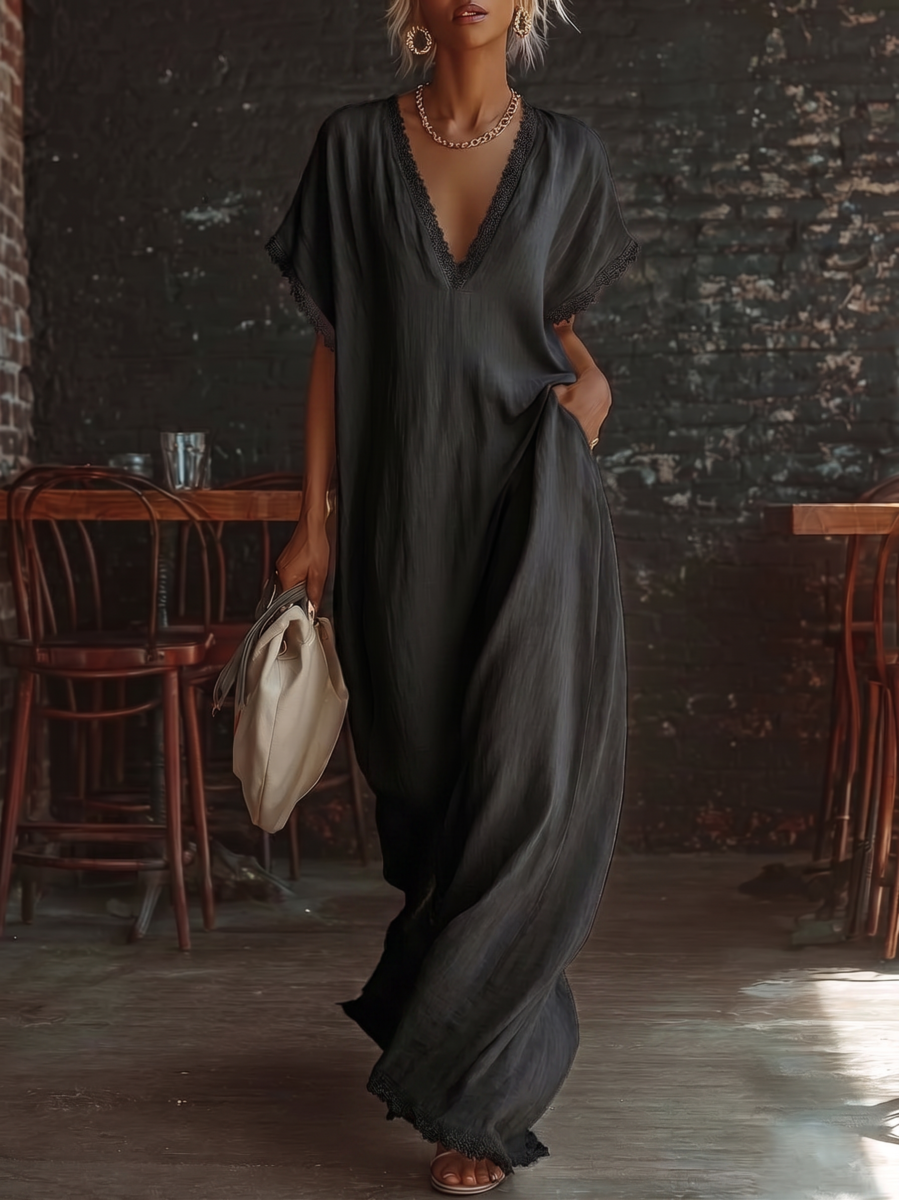 Vestito maxi in cotone nero con scollo a V e volant, indossato