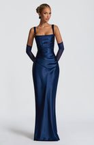 Abito maxi Yolanthe satin blu marino Bella di Roma – vista frontale