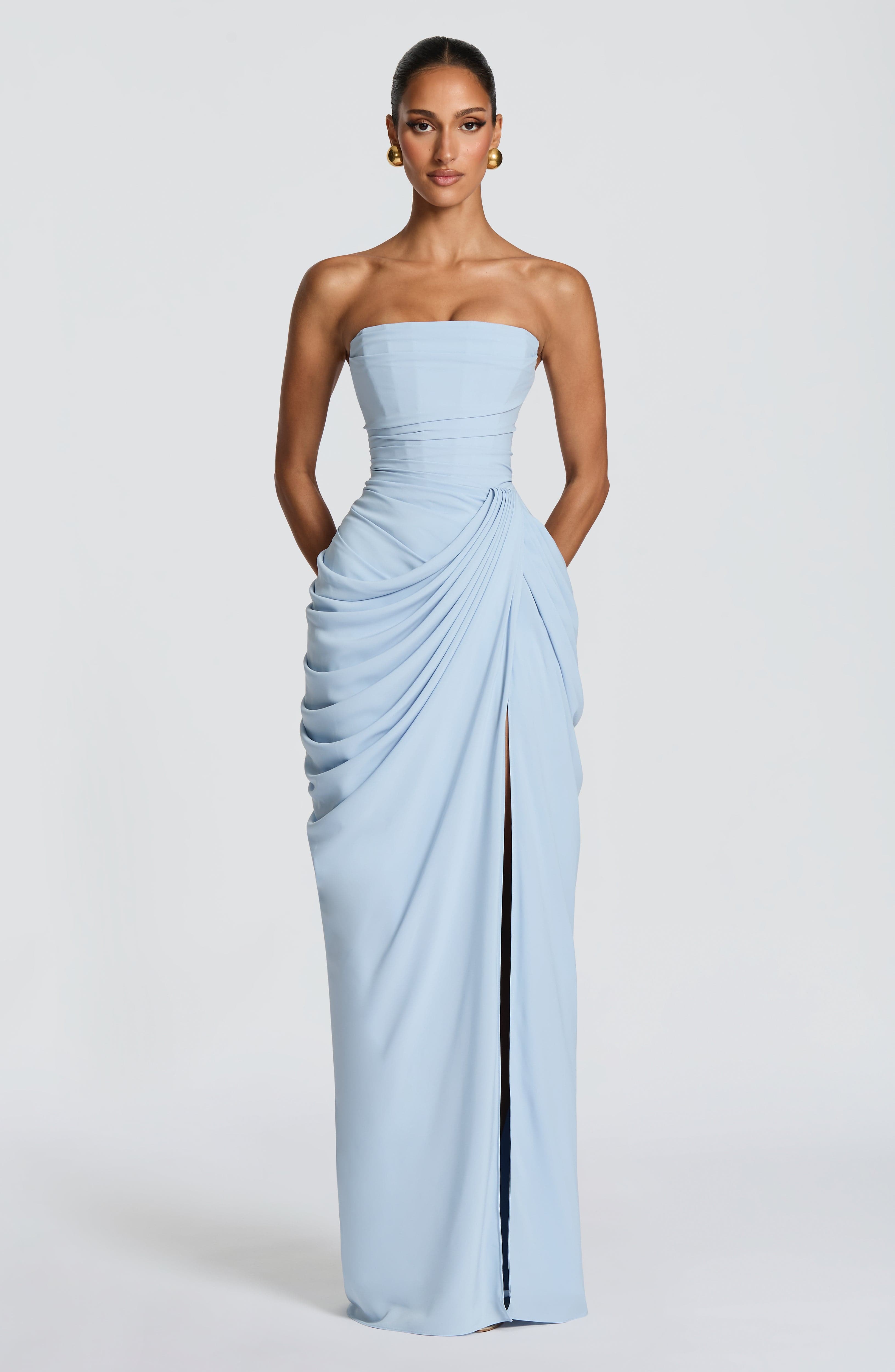 Abito maxi Lois corsetto blu chiaro Bella di Roma – drappeggio