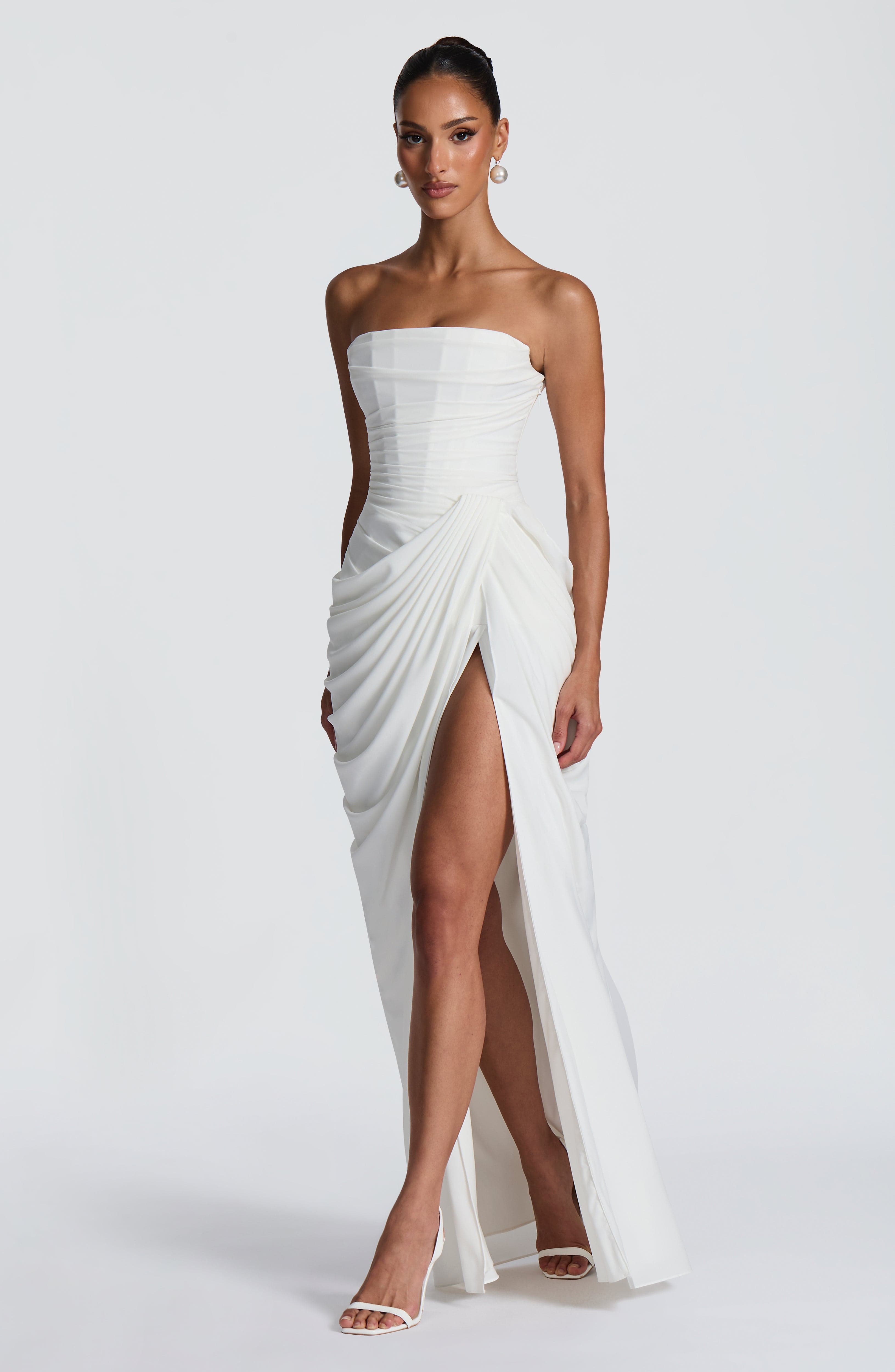 Abito maxi Lois corsetto avorio Bella di Roma – drappeggio asimmetrico