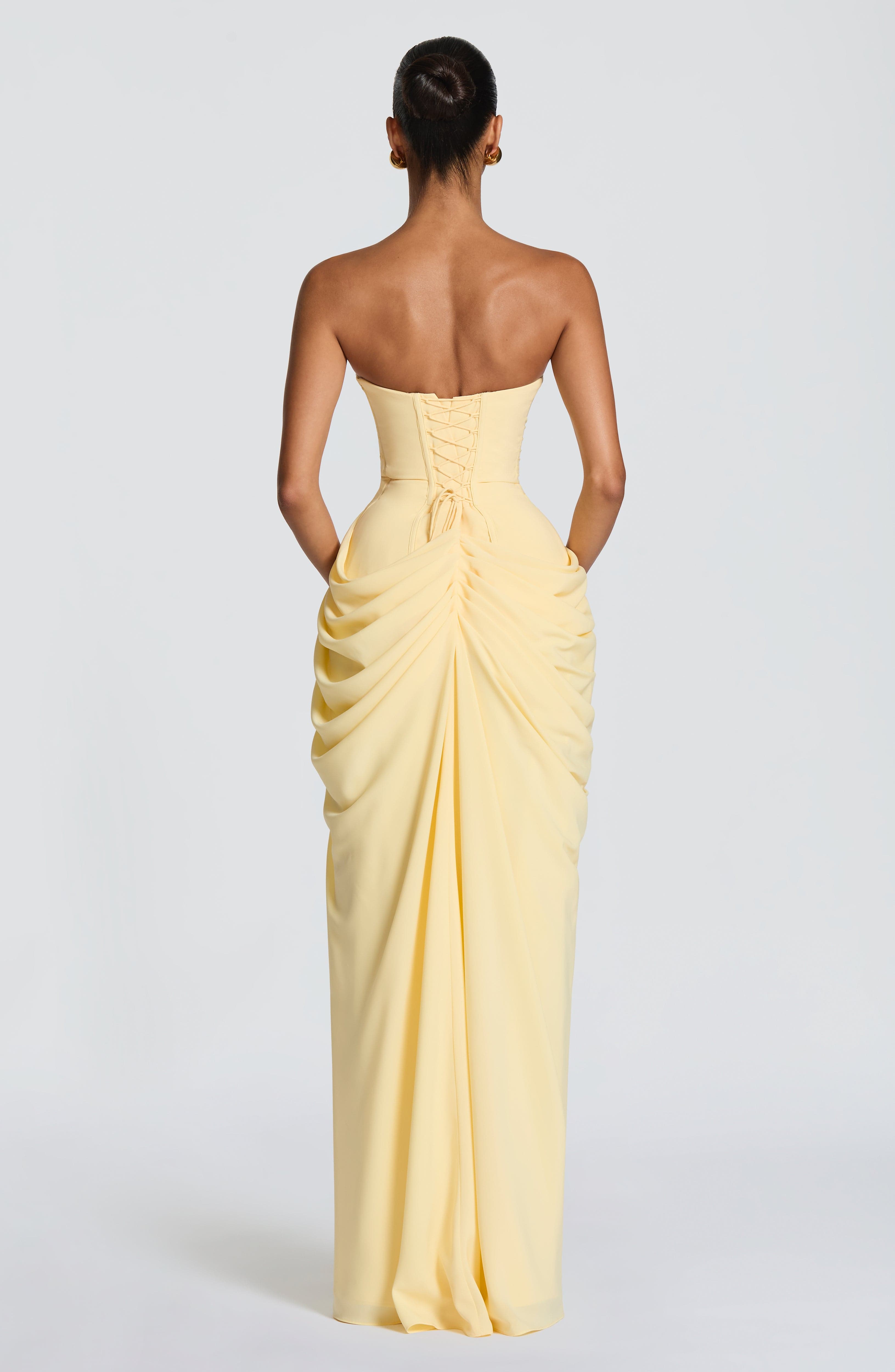 Abito maxi Lois corsetto limone Bella di Roma – silhouette scultorea