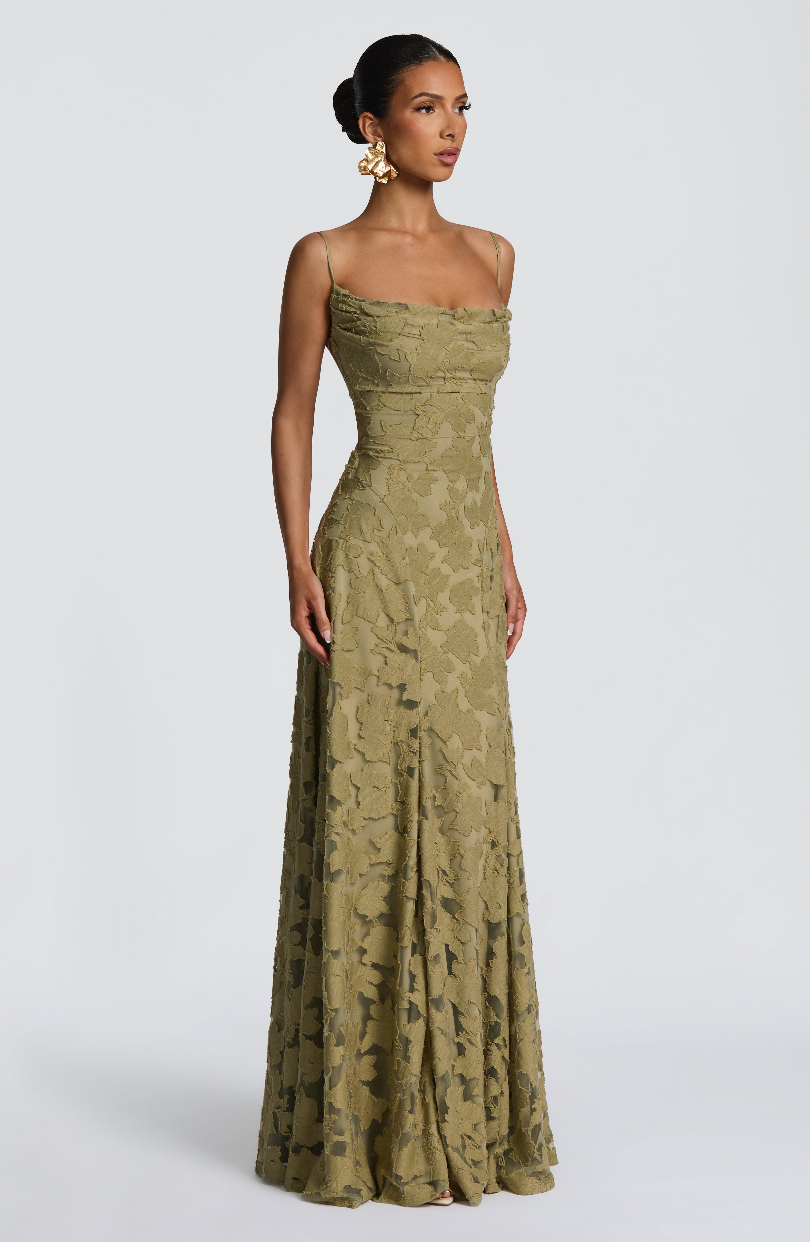 Abito maxi Elise Gingham verde Bella di Roma – schiena a lacci