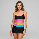 Costume da bagno tre pezzi nero a righe colorate – top, slip e gonna | Bella di Roma