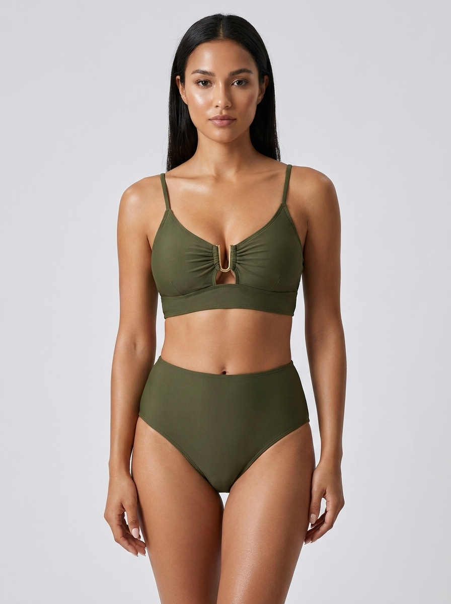 Bikini a vita alta con zip frontale Verde Militare – vista frontale | Bella di Roma