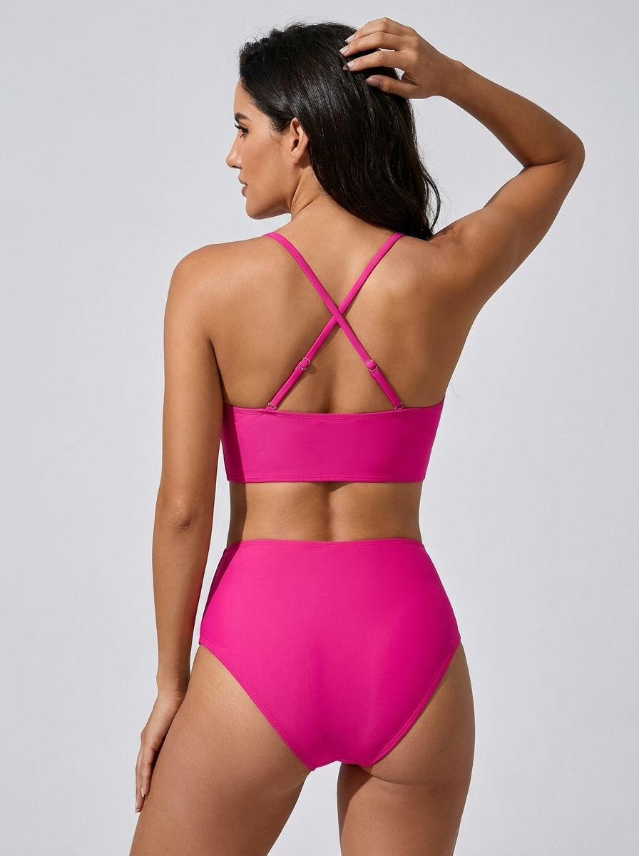 Bikini a vita alta con zip frontale Fucsia – vista posteriore | Bella di Roma