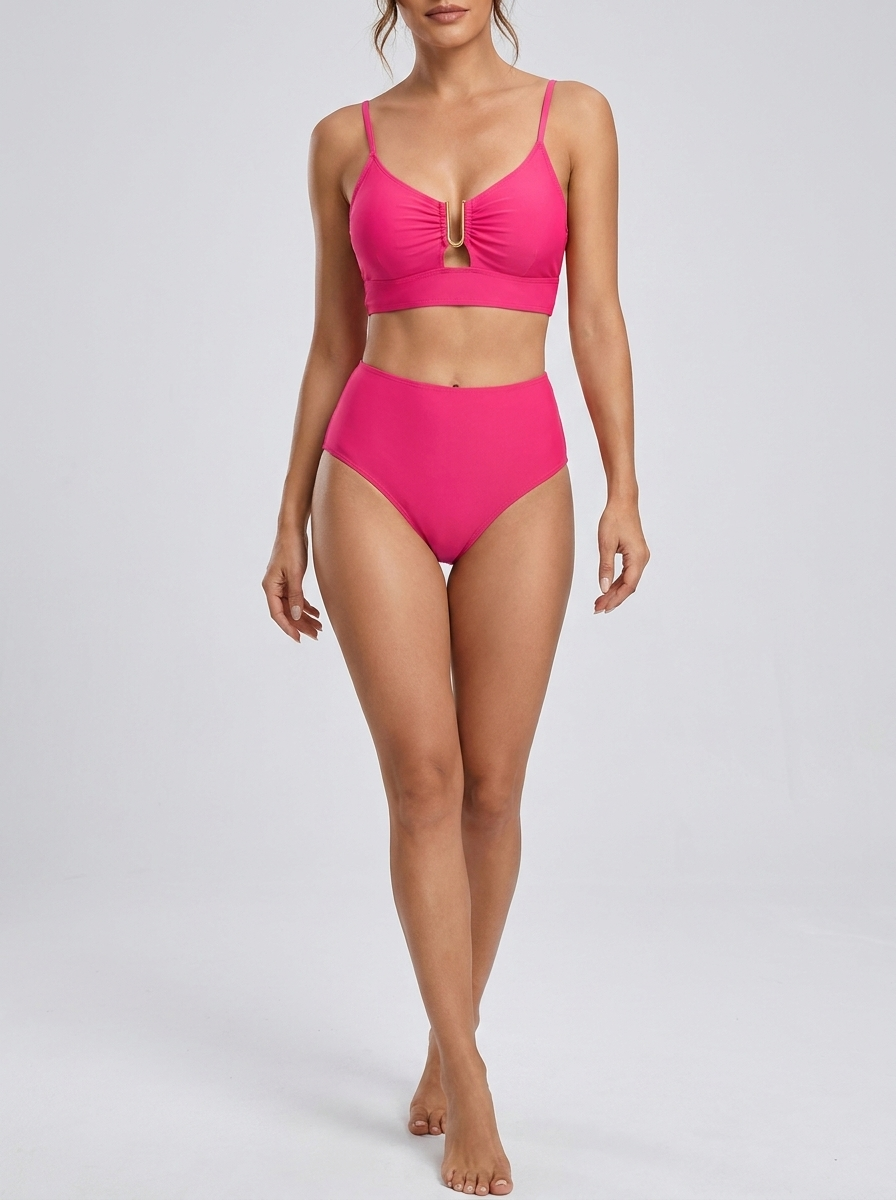 Bikini a vita alta con zip frontale Fucsia – vista frontale obliqua | Bella di Roma