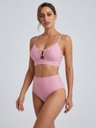 Bikini a vita alta con zip frontale Rosa – vista frontale obliqua | Bella di Roma