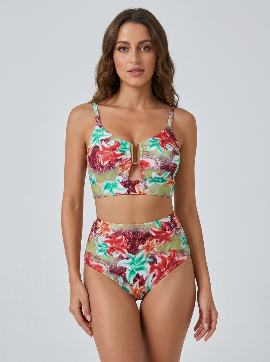 Bikini vita alta Verde Floreale – vista frontale | Bella di Roma
