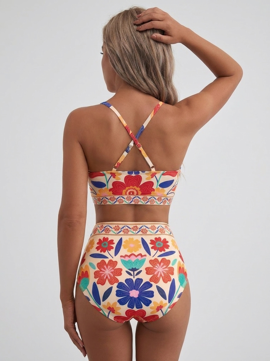 Bikini vita alta Rosso Floreale – vista posteriore | Bella di Roma