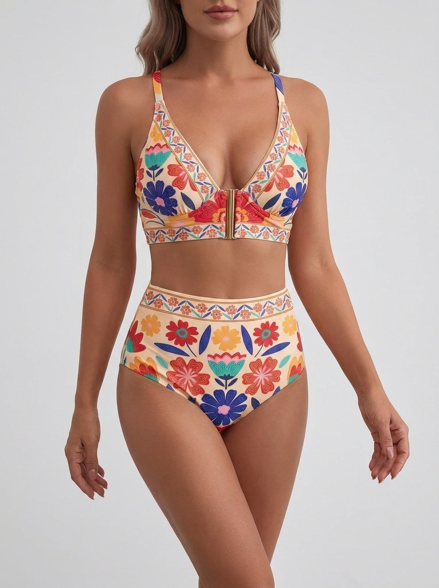 Bikini vita alta Rosso Floreale – vista frontale obliqua | Bella di Roma