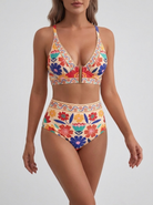 Bikini vita alta Rosso Floreale – vista frontale obliqua | Bella di Roma