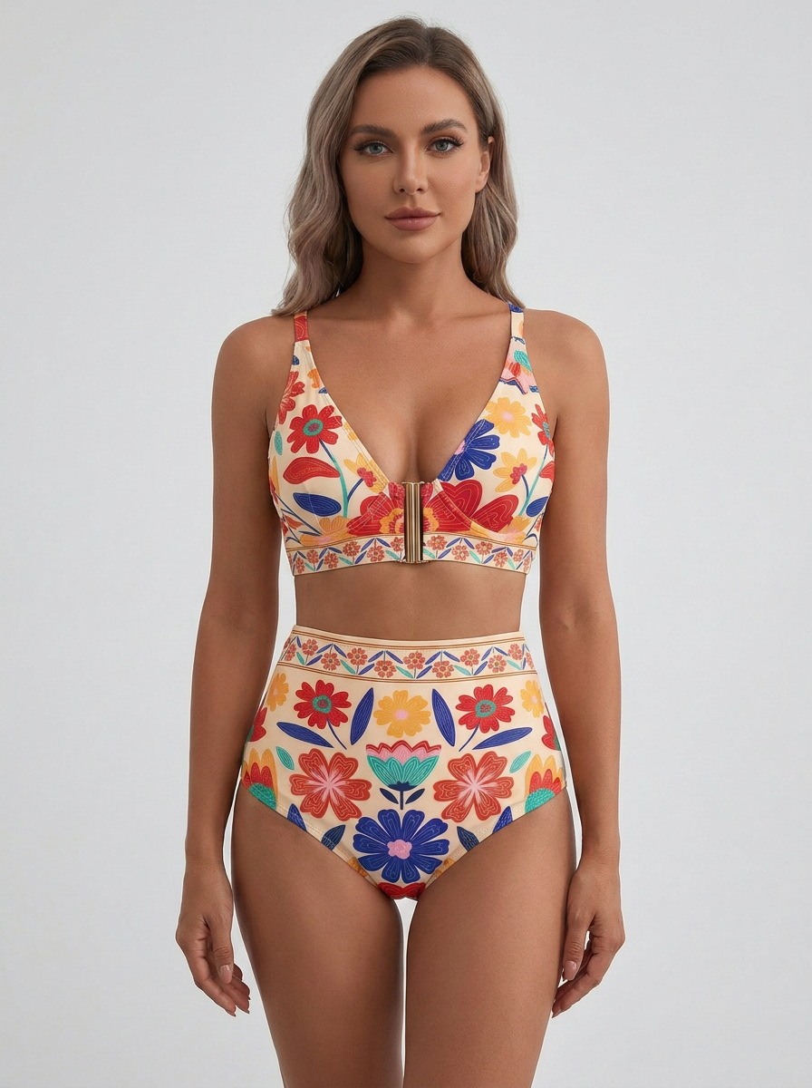 Bikini vita alta Rosso Floreale – vista frontale | Bella di Roma