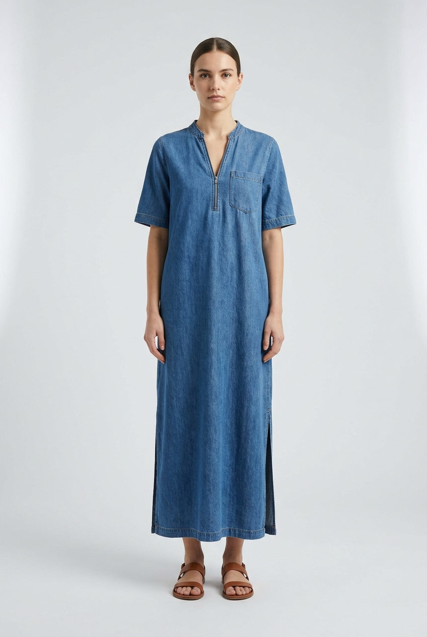 Abito Maxi in Denim con Scollo a V e Zip Blu – vista frontale | Bella di Roma