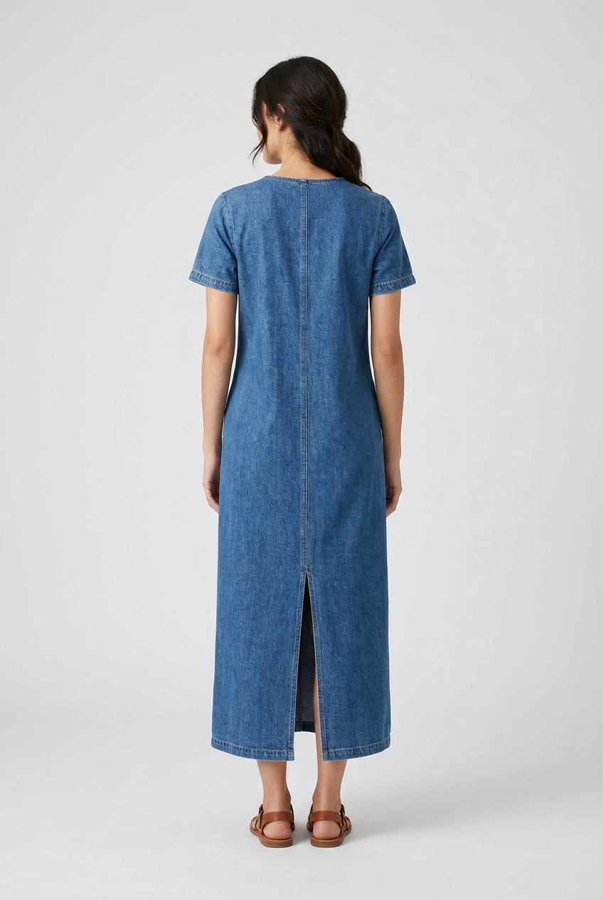 Abito Maxi in Denim con Scollo a V e Zip Blu – vista posteriore | Bella di Roma