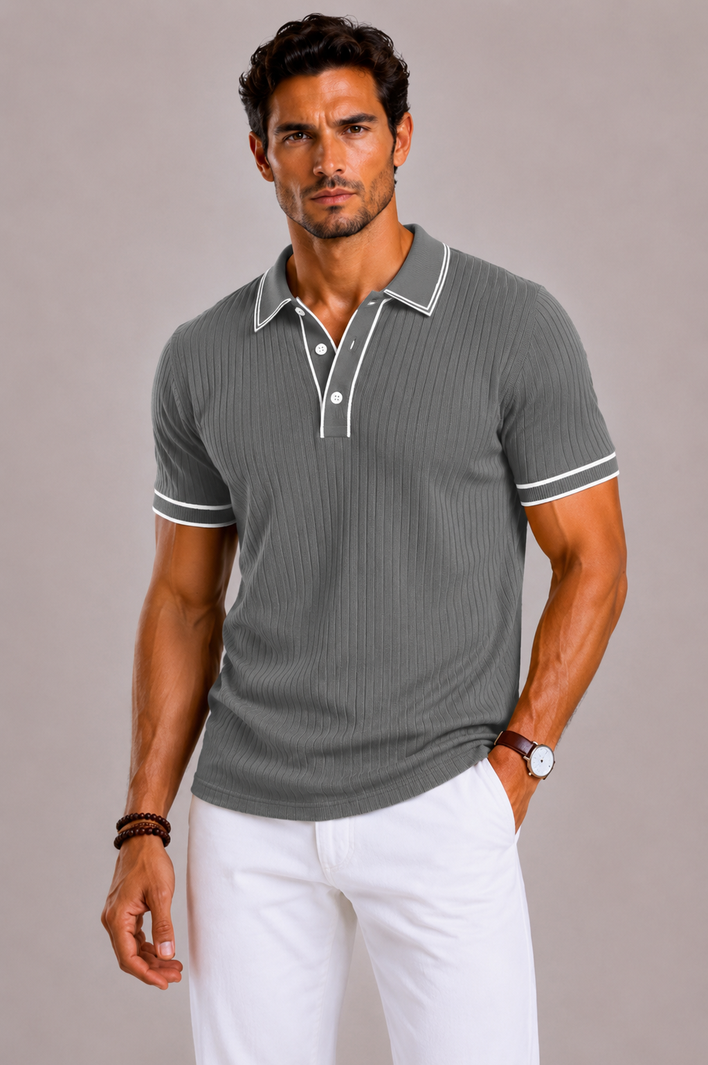 Camicia da uomo in maglia con collo revers e bordature a contrasto | Lunelle