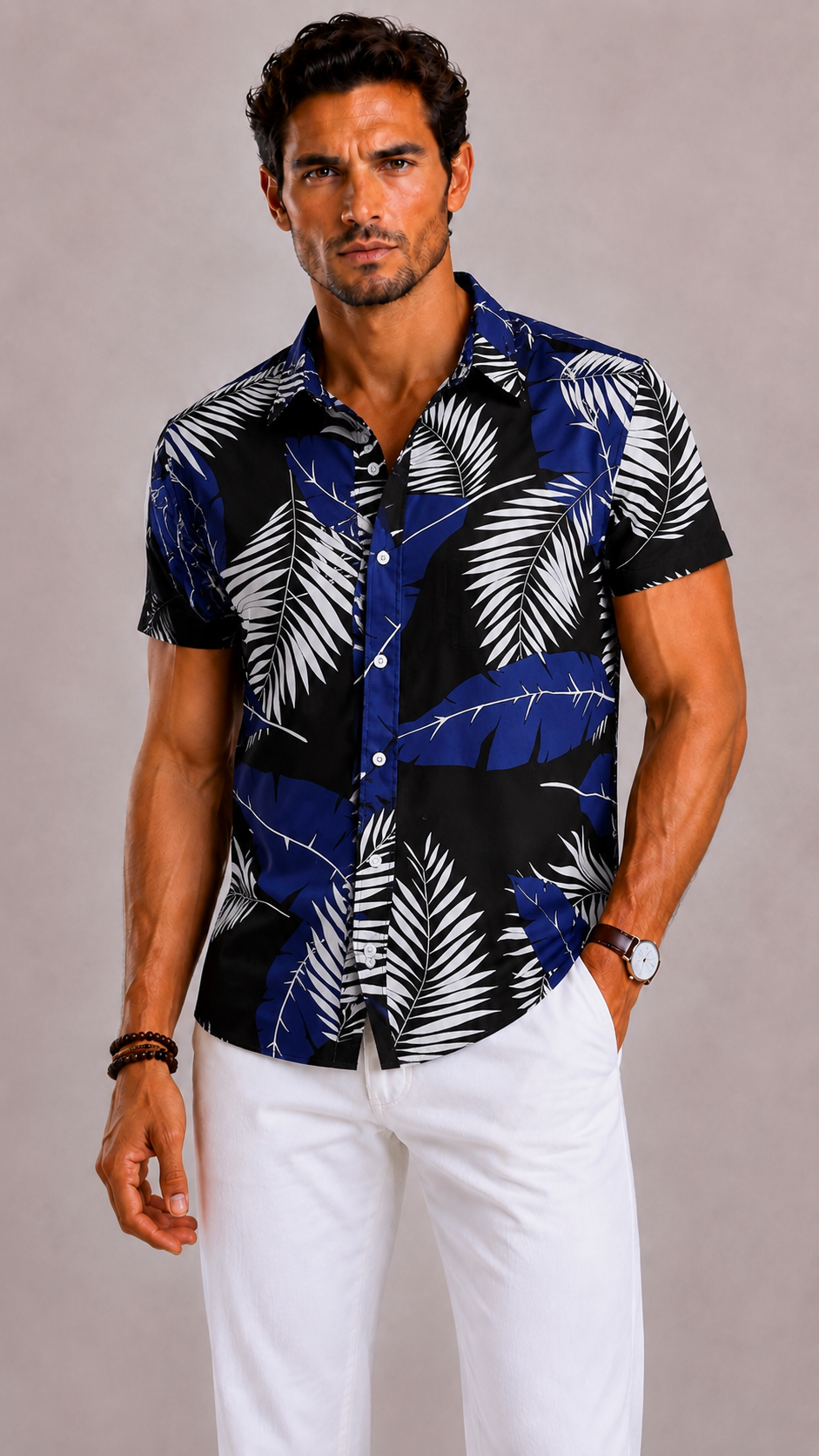 Camicia Uomo con Stampa Foglia Tropicale a Maniche Corte | Bella di Roma