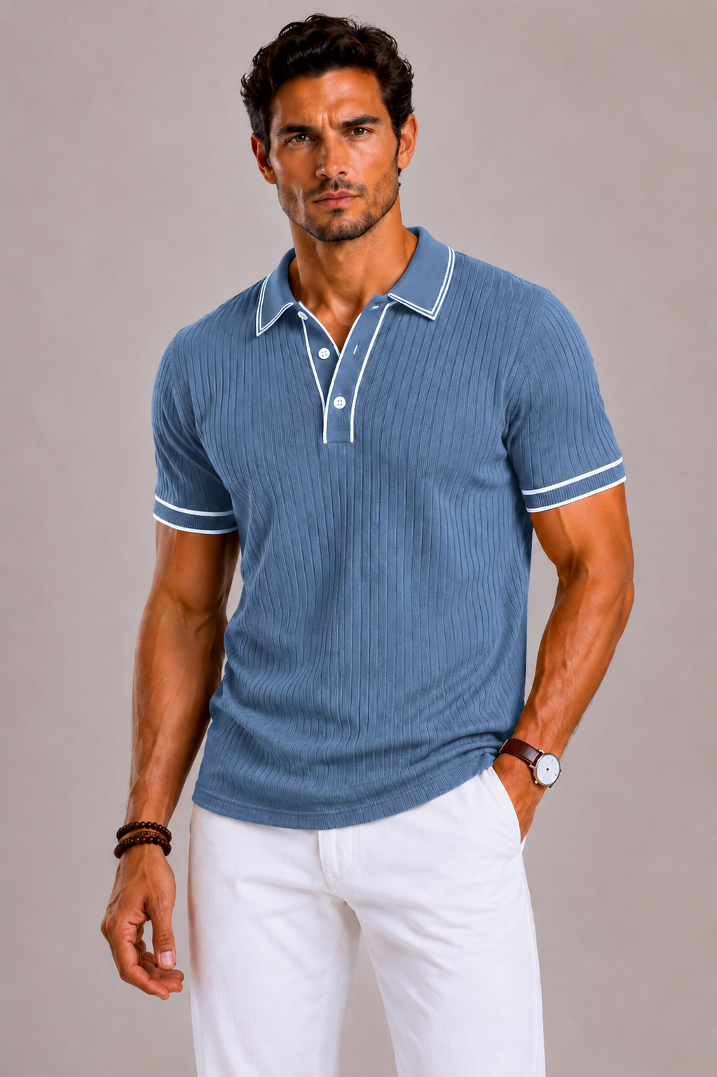 Camicia da uomo in maglia con collo revers e bordature a contrasto | Lunelle