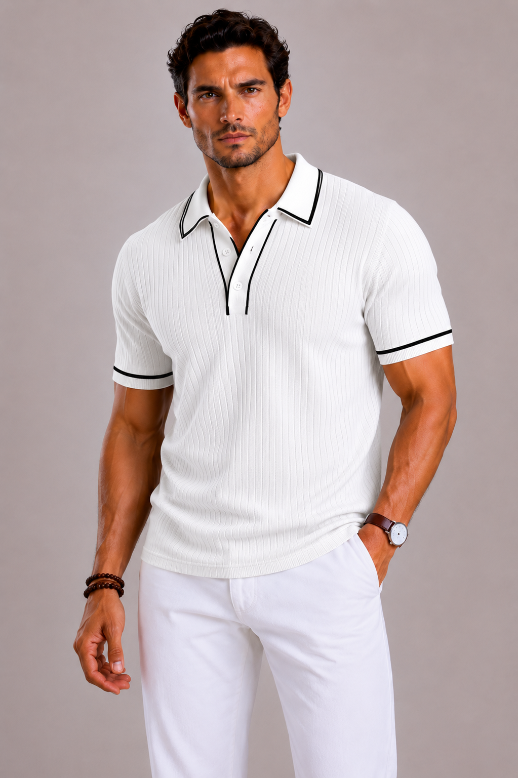 Camicia da uomo in maglia con collo revers e bordature a contrasto | Lunelle