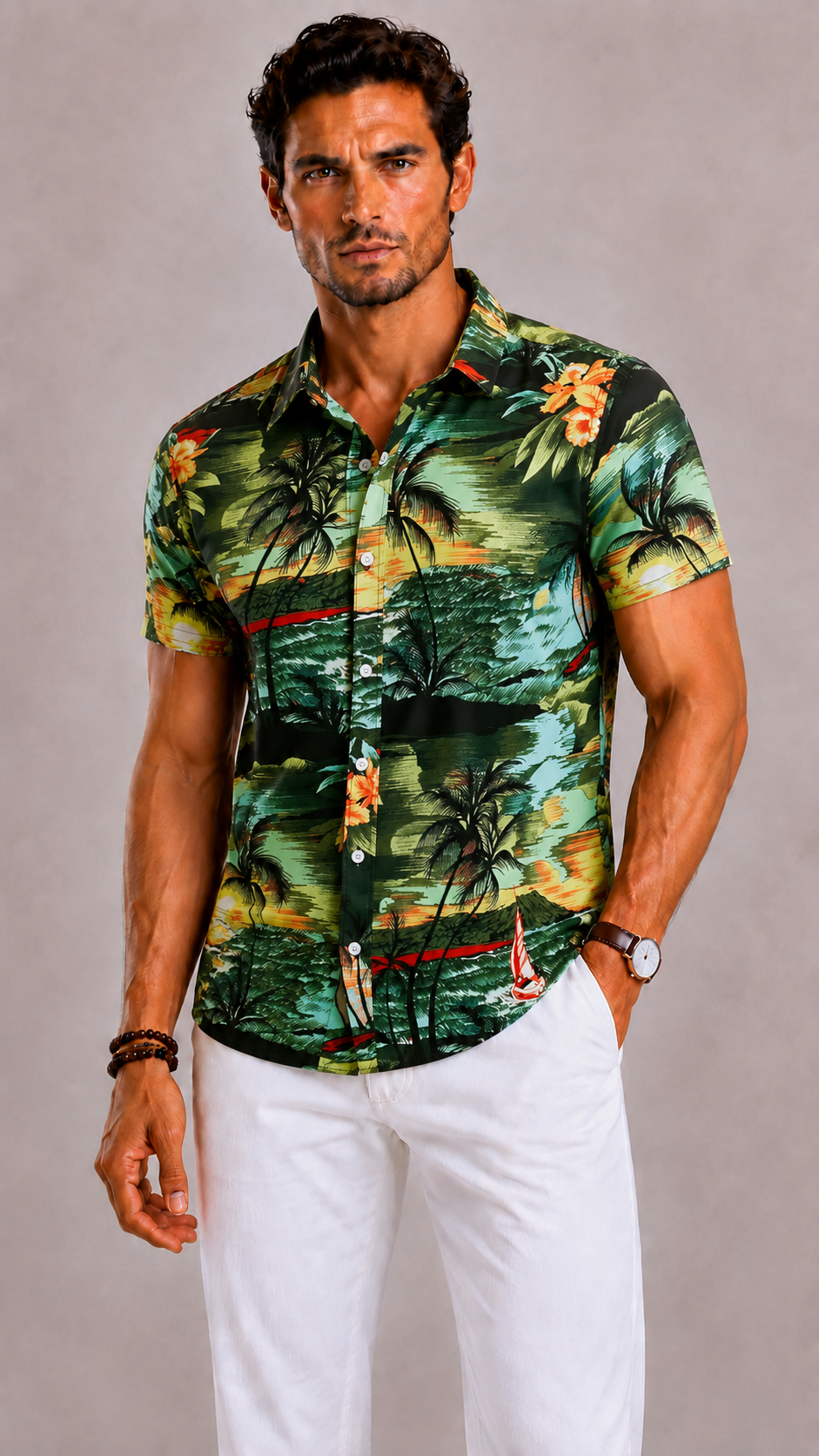 Camicia Uomo con Stampa Foglia Tropicale a Maniche Corte | Bella di Roma
