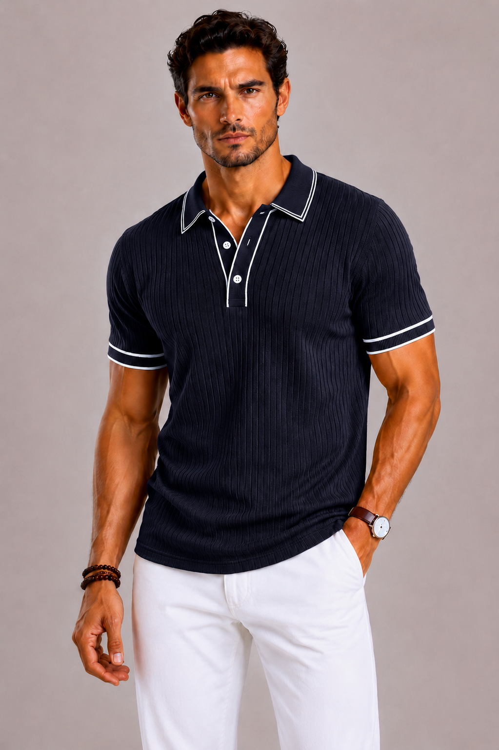 Camicia da uomo in maglia con collo revers e bordature a contrasto | Lunelle