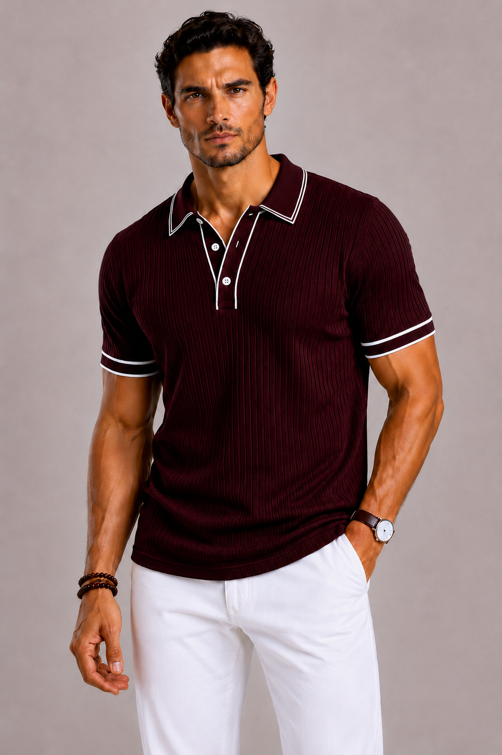 Camicia da uomo in maglia con collo revers e bordature a contrasto | Lunelle