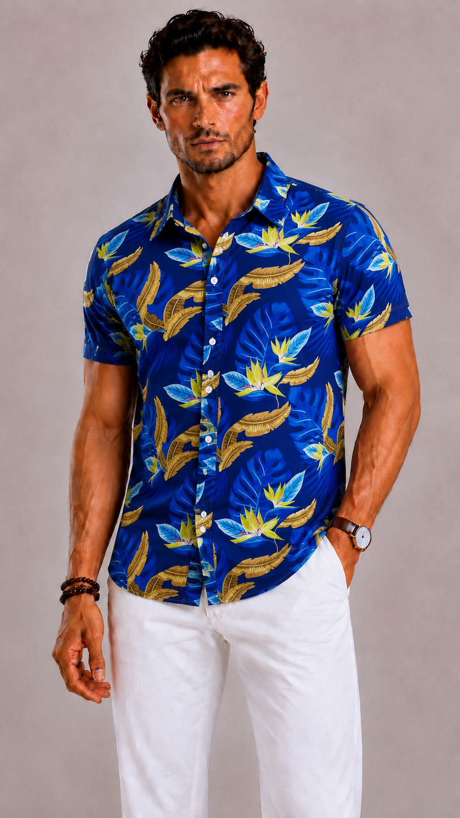 Camicia Uomo con Stampa Foglia Tropicale a Maniche Corte | Bella di Roma