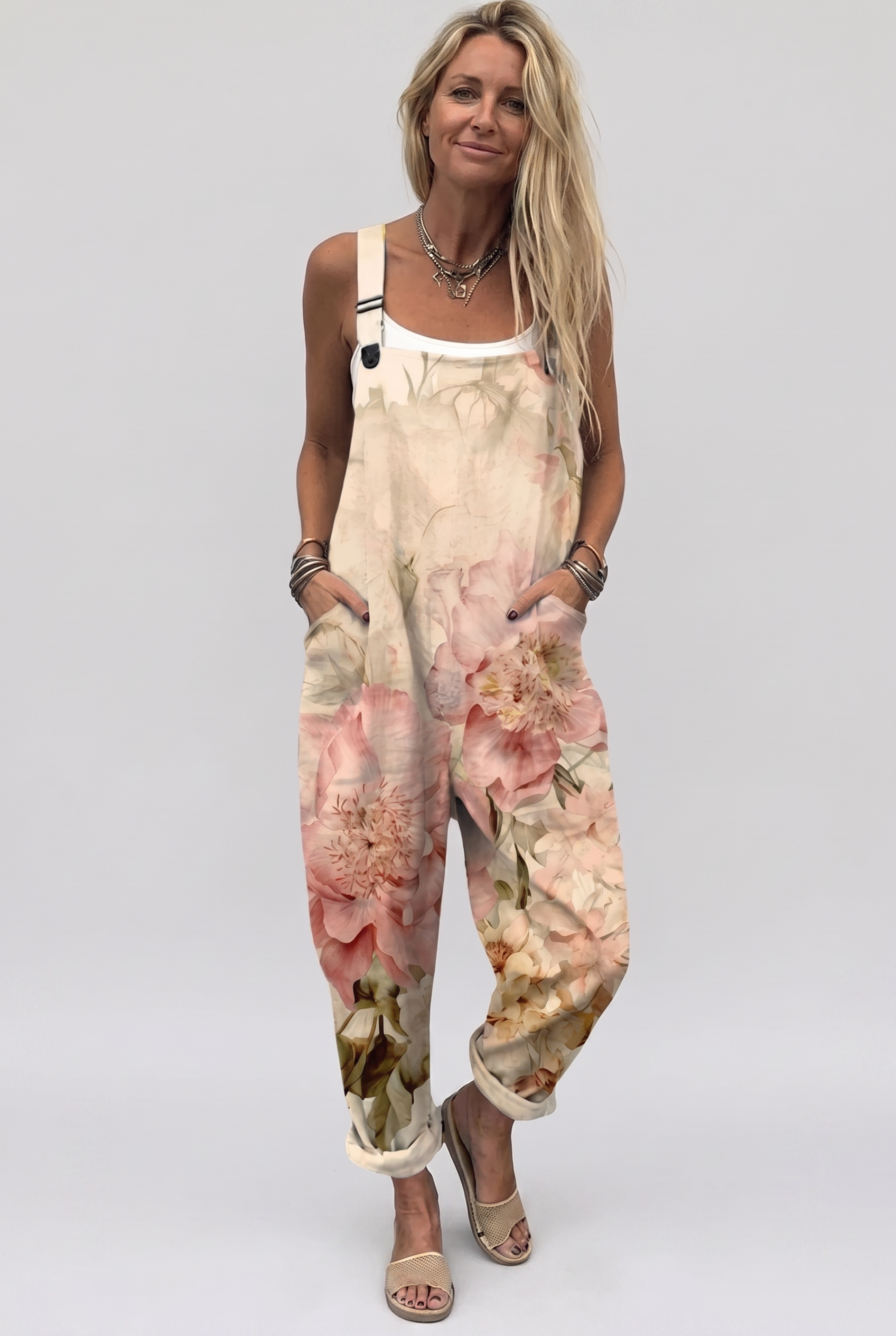 Salopette Primaverile Floreale Beige – vista frontale | Bella di Roma
