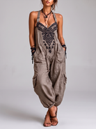 Salopette Boho Ricamata Kaki – vista frontale | Bella di Roma