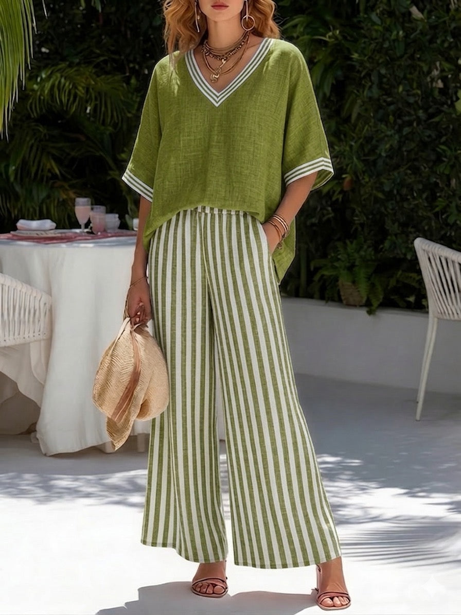 Completo due pezzi verde oliva a righe con pantaloni a gamba larga
