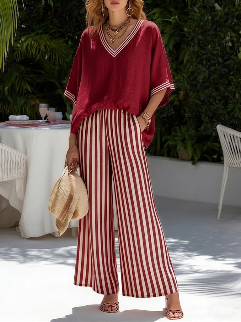 Completo due pezzi rosso a righe: blusa con scollo a V e pantaloni a gamba larga