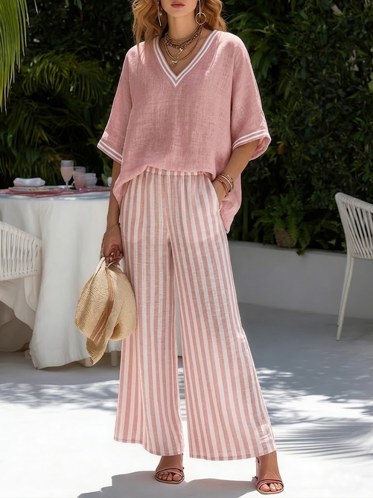 Completo due pezzi rosa a righe in cotone e lino