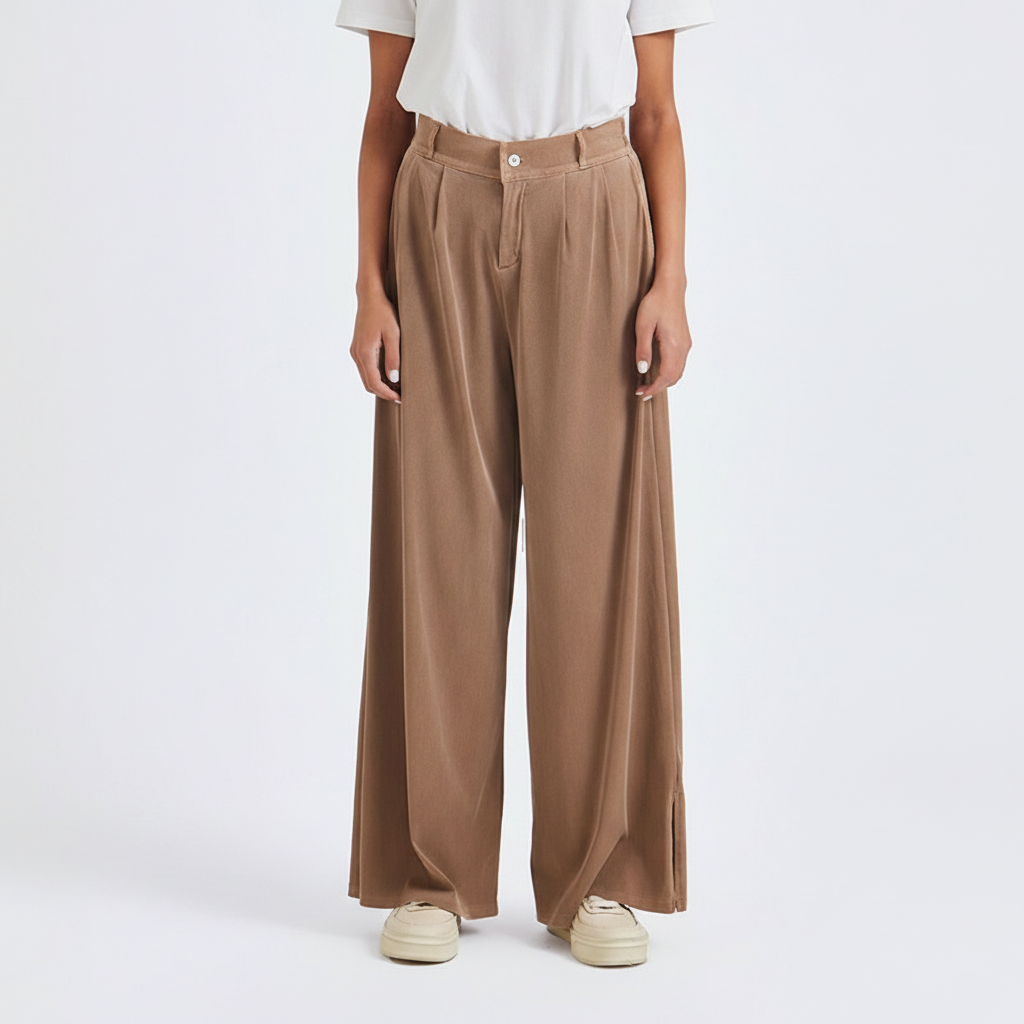 Pantaloni palazzo a vita alta color cammello con gamba larga