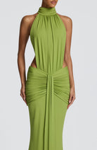 Abito maxi Josephine collo alto verde oliva Bella di Roma – look serata