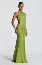 Abito maxi Josephine collo alto verde oliva Bella di Roma – gonna a sirena