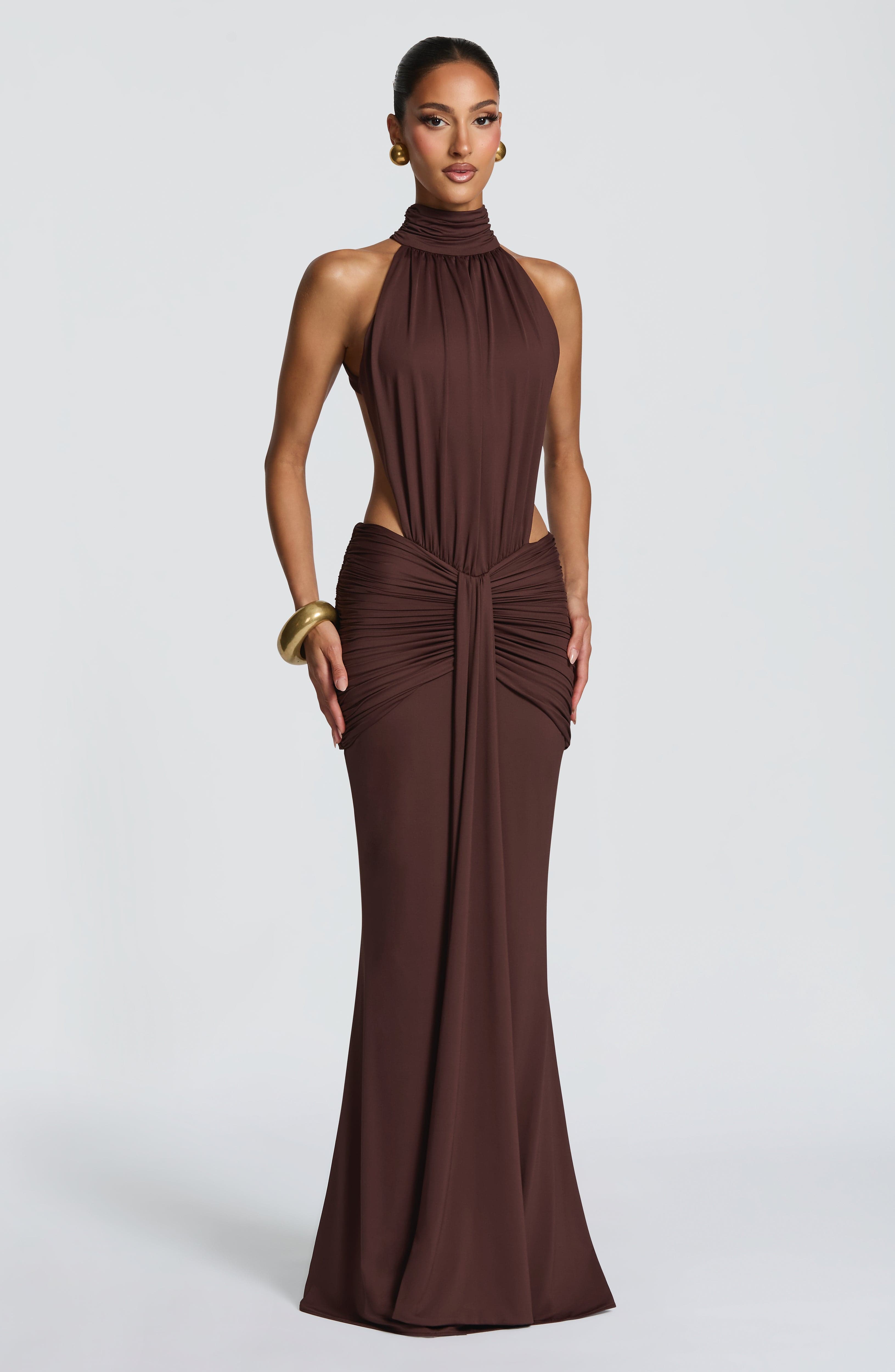 Abito maxi Josephine collo alto marrone Bella di Roma – vista frontale