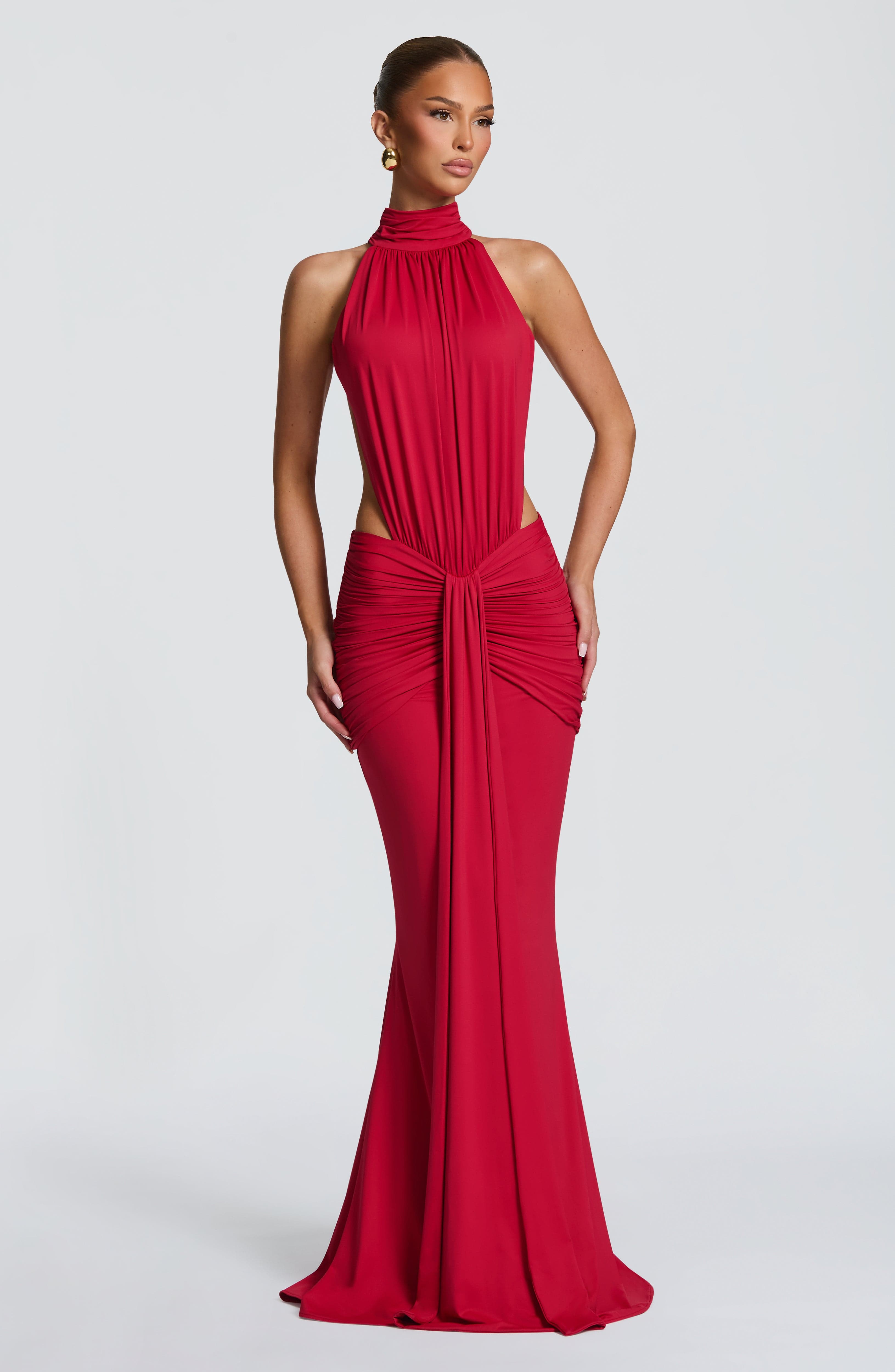 Abito maxi Josephine collo alto rosso Bella di Roma – schiena scoperta