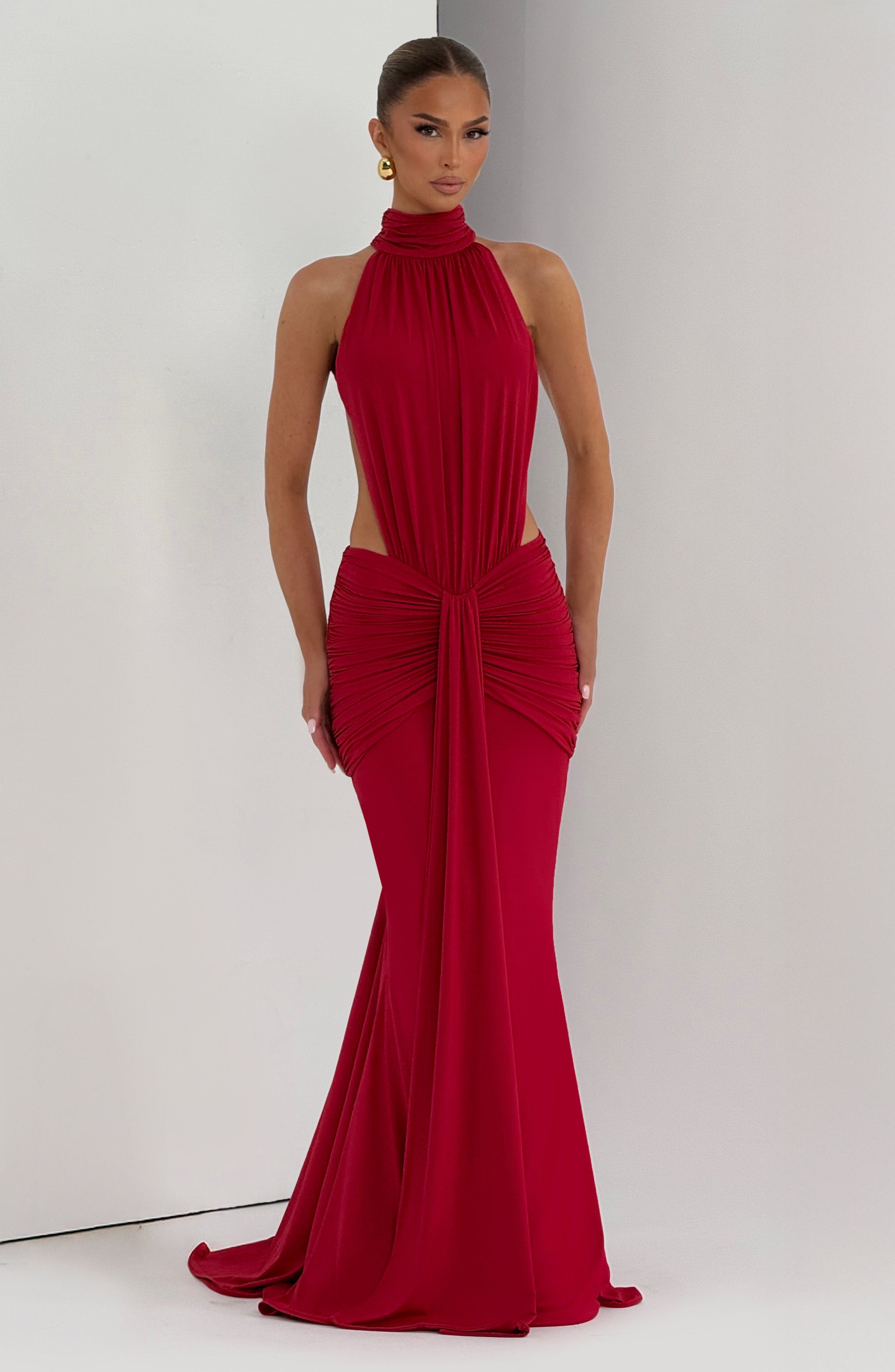 Abito maxi Josephine collo alto rosso Bella di Roma – tessuto elasticizzato