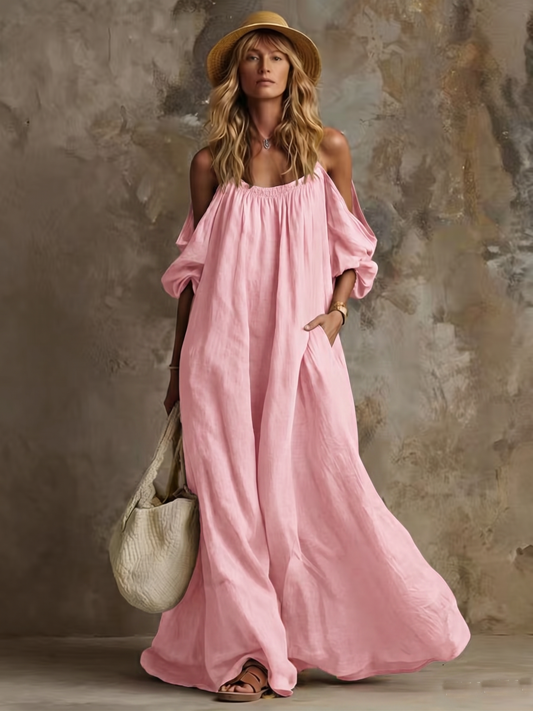 Abito Maxi Boho Off-Shoulder Maniche Palloncino Rosa | Bella di Roma