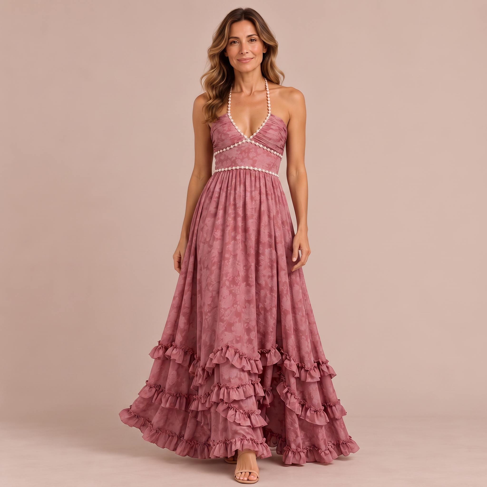 Elena – Vestito Maxi Floreale con Spallina e Perle – Malva Floreale | Bella di Roma